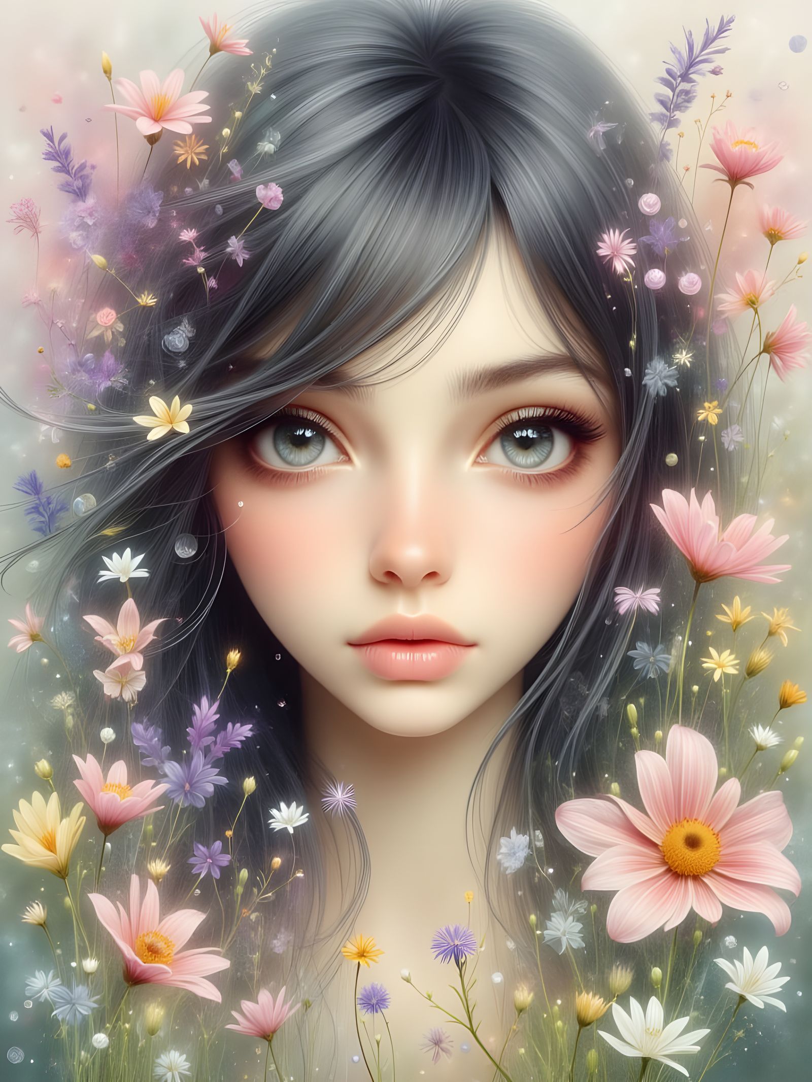 Dreamy Watercolor Portrait in Pastel Wildflower Meadow