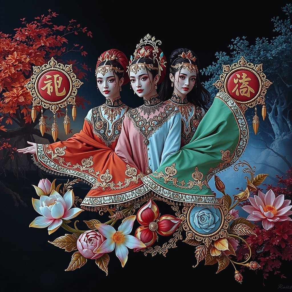 Embracing Figures in Ornate Floral Costumes