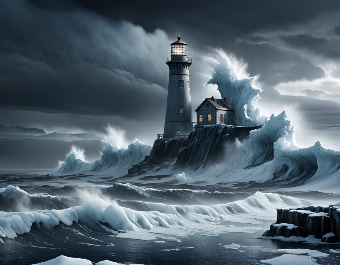 Frozen Lighthouse Battling Stormy Seas in Cinematic Style