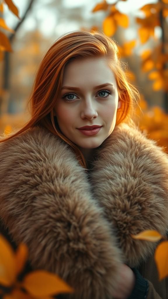 Redhead Woman in Autumnal Sunlight: Hyperrealistic Portrait
