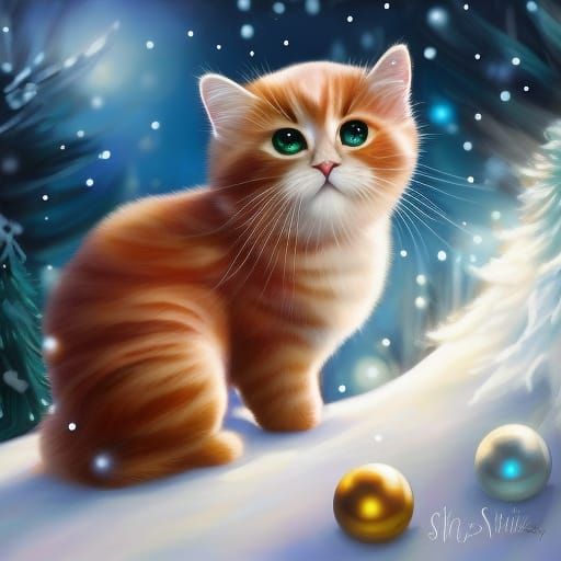 Rainbow Kitten Hunting in Christmas Snow: Digital Art