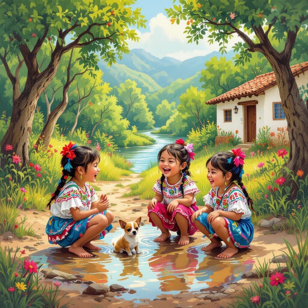 Children Playing with Dog in Mexican Folk Art Style