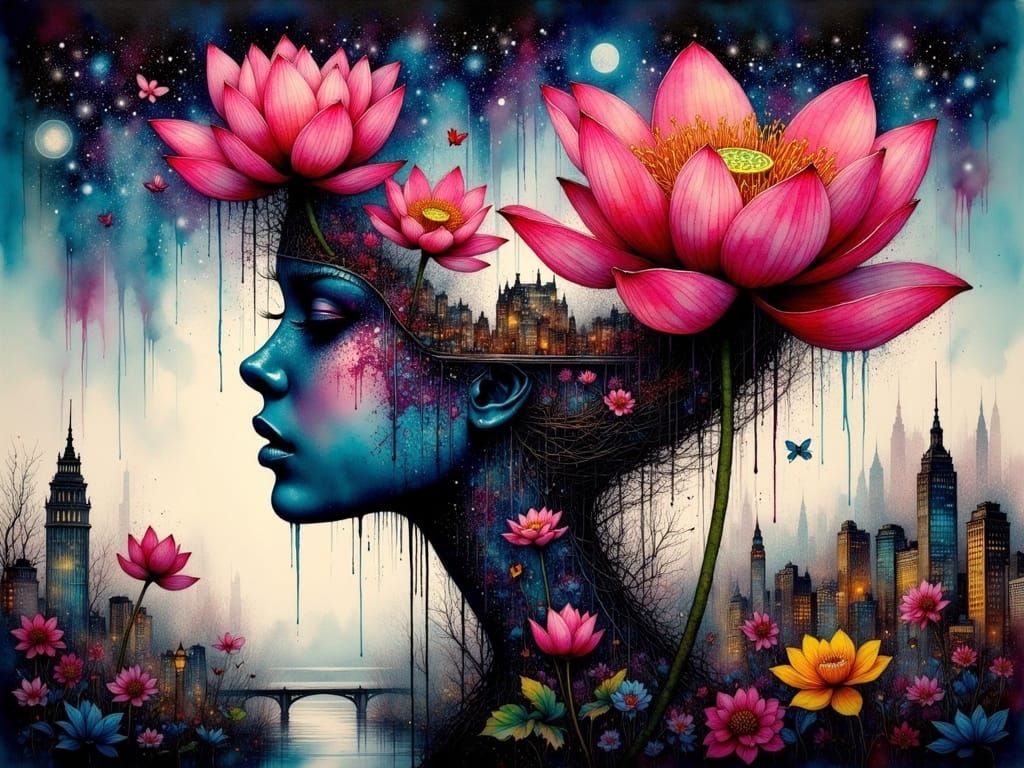 Vibrant Lotus Blooms Amidst Urban Galaxy