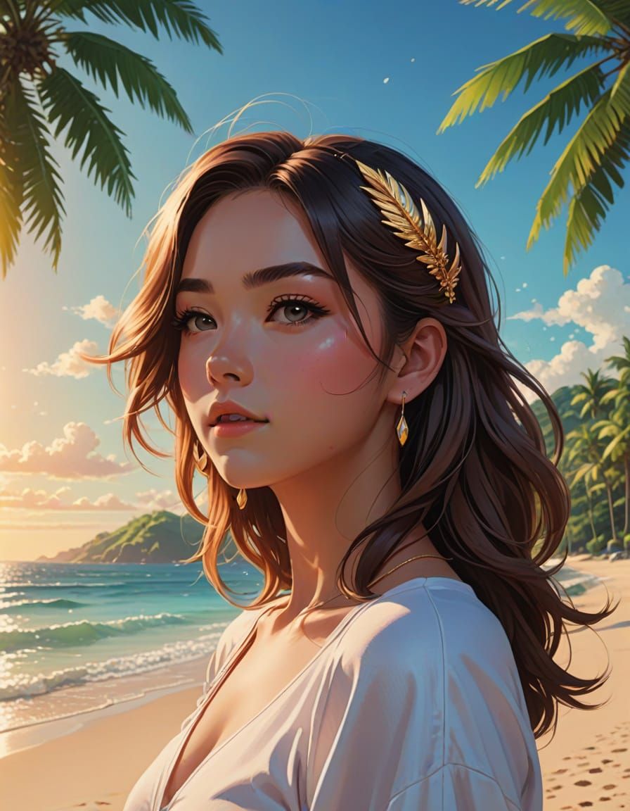 Confident Anime Cheerleader Basks in Tropical Paradise