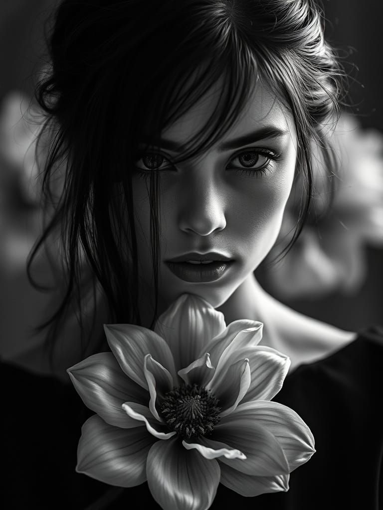 Ethereal Girl in Black and White Realism