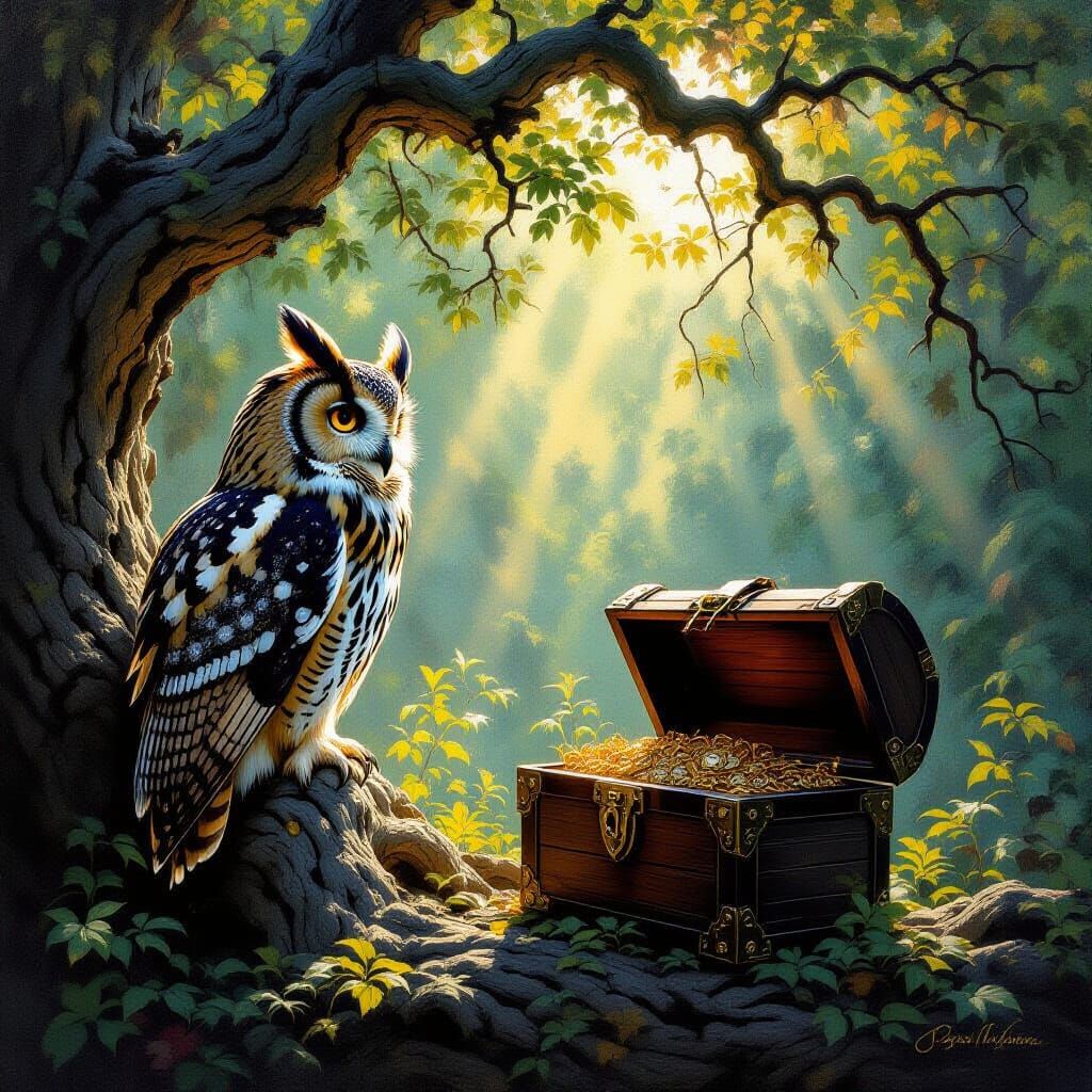 Owl Guarding Treasure Chest as Impasto Painting