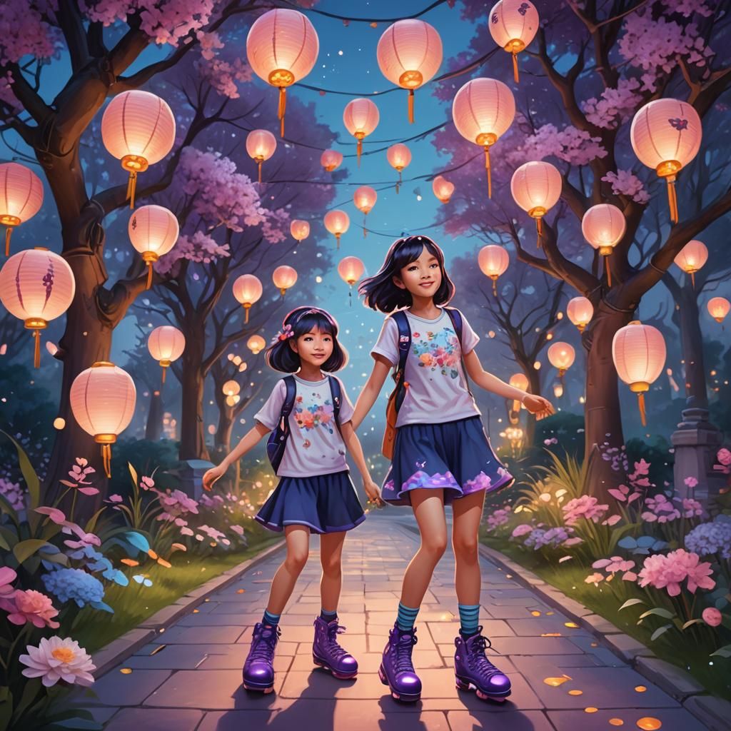 Girl on Roller Skates in Fantasy Garden