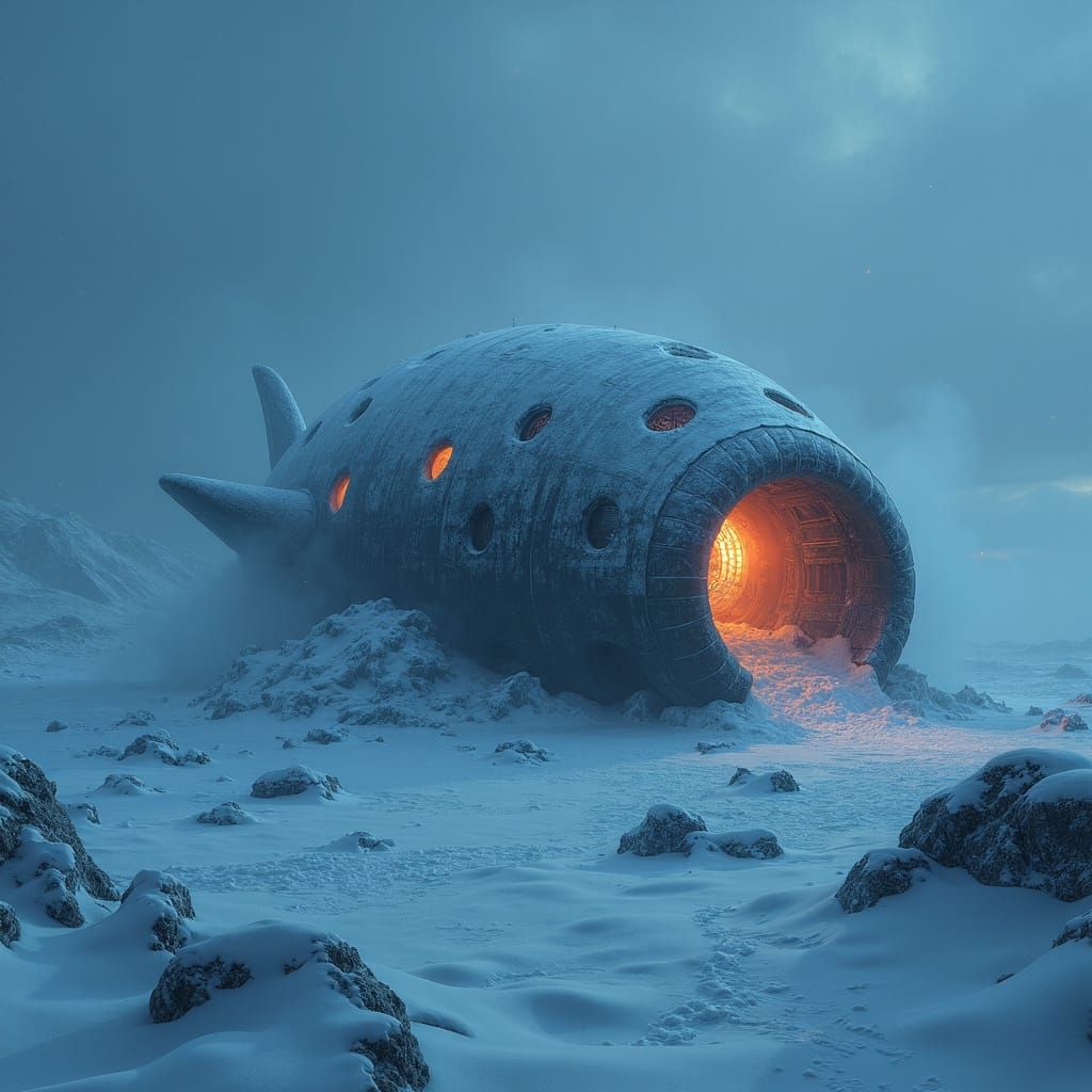 Wrecked Alien Spaceship in Arctic Snowscape