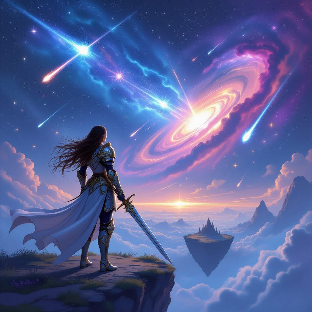 Celestial Knight on Floating Island Amidst Cosmic Battlefiel...