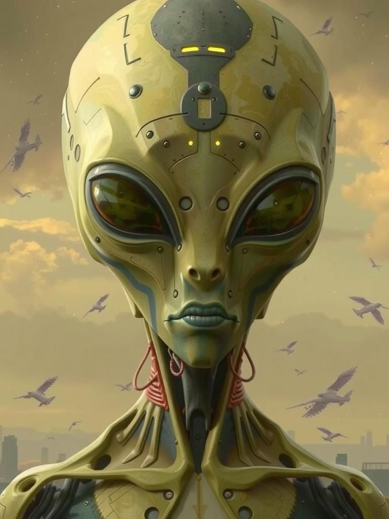 Futuristic Cityscape with Aliens and Robots in Cyberpunk Sty...