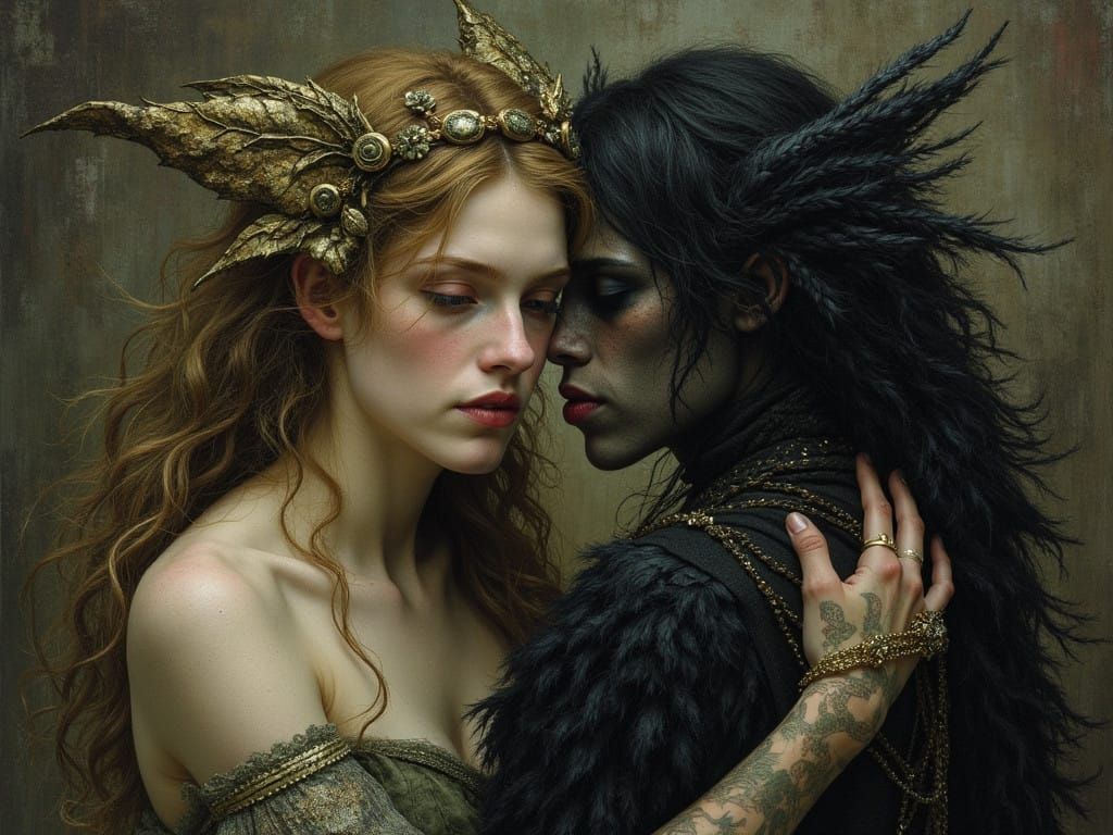 Fairy Queen and King Embracing in an Enchanted Realm