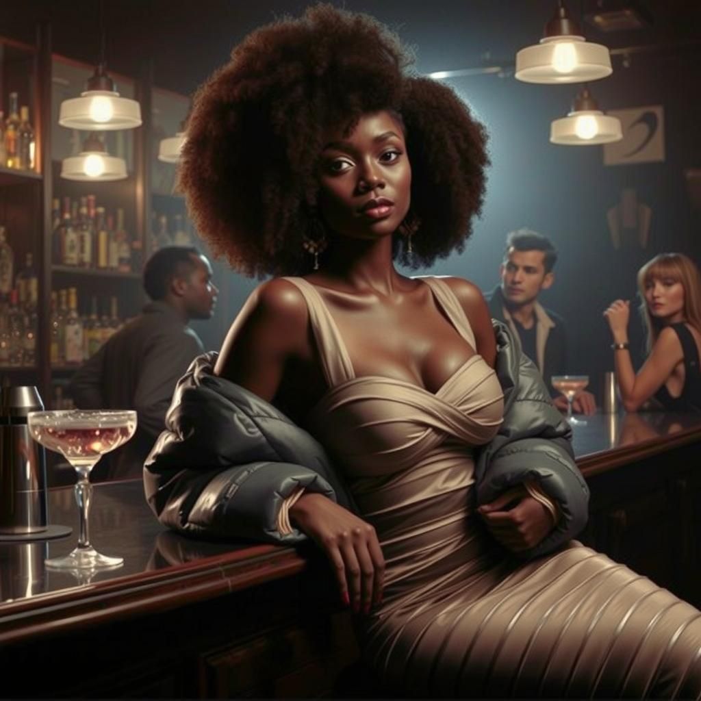 Urban Chic: Black Woman with Afro at Dimly Lit Bar