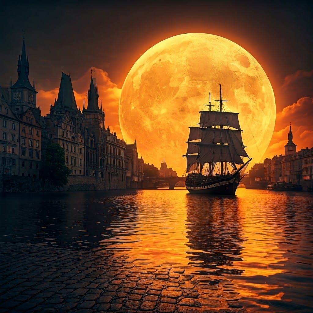 Tall Ship Silhouetted Against Fiery Moon in Digital Art