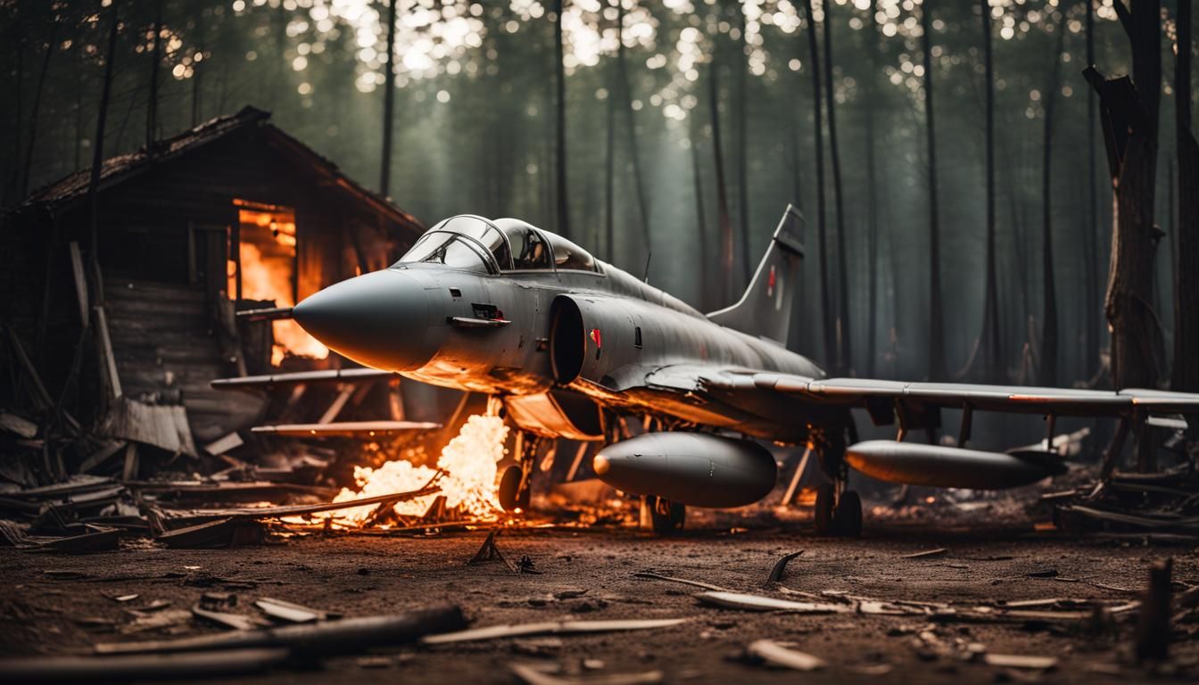 Crashed Fighter Plane in Forest with Burning Wreckage