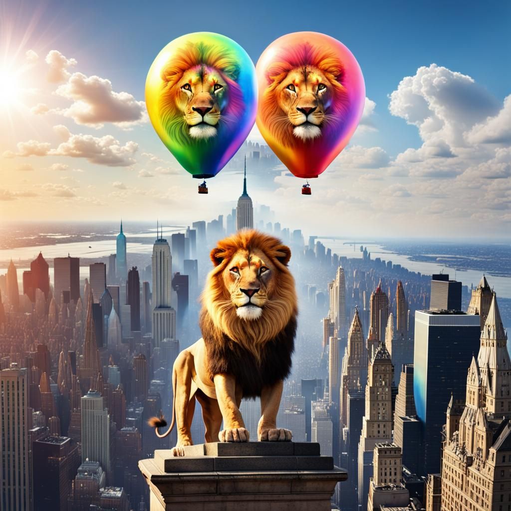 Lion and Lioness Journey Over New York in Double Exposure