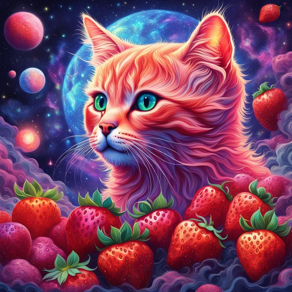 Strawberry Kitten in Cosmic Illustration Style