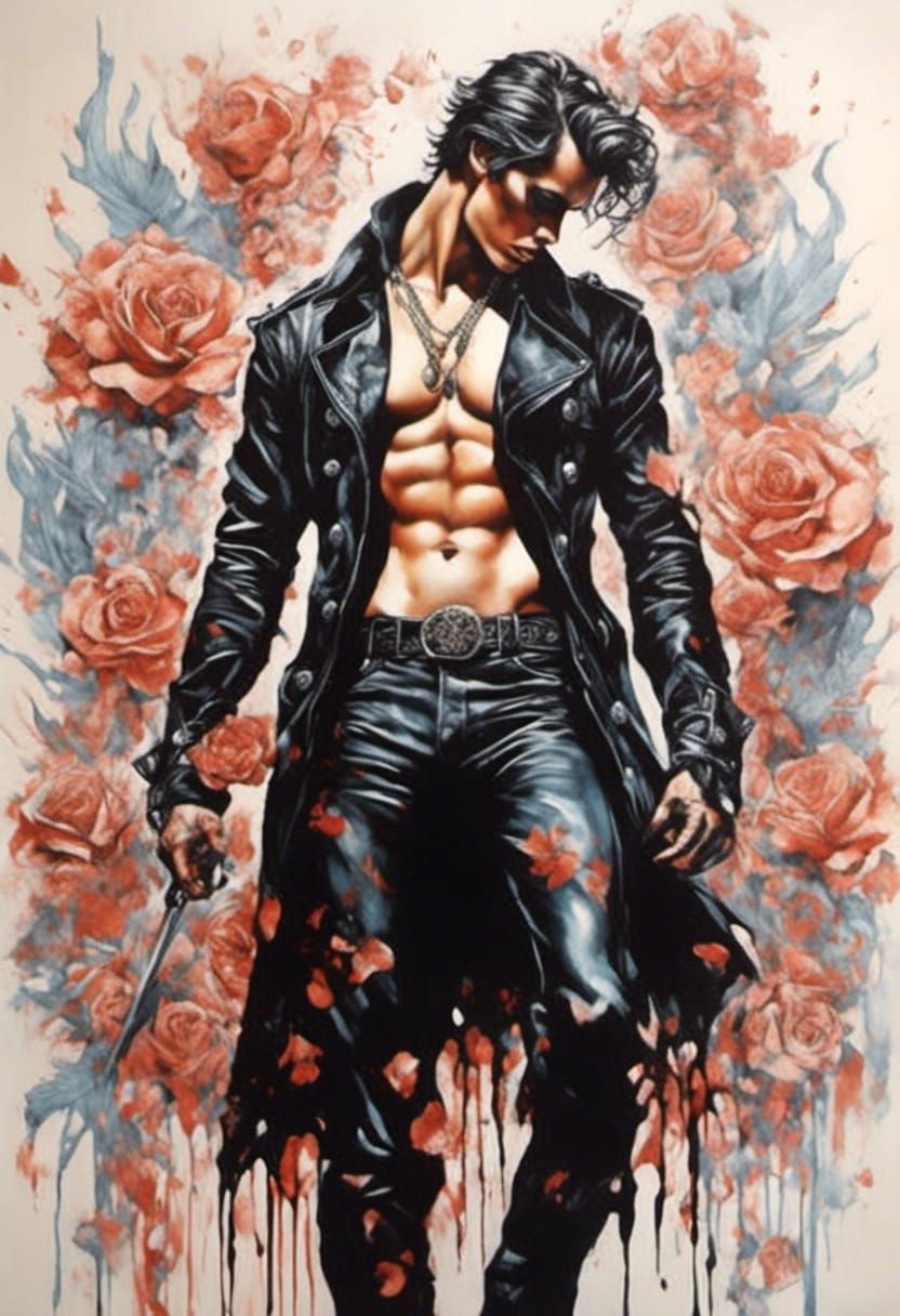 Homoerotic Gothic Scene with Flowers in Crayon Art