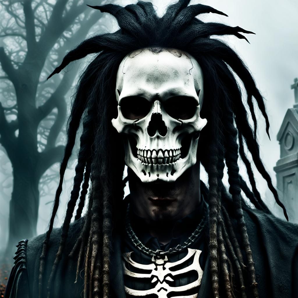 Skeleton Mask in Misty Graveyard: Dark Fantasy Painting