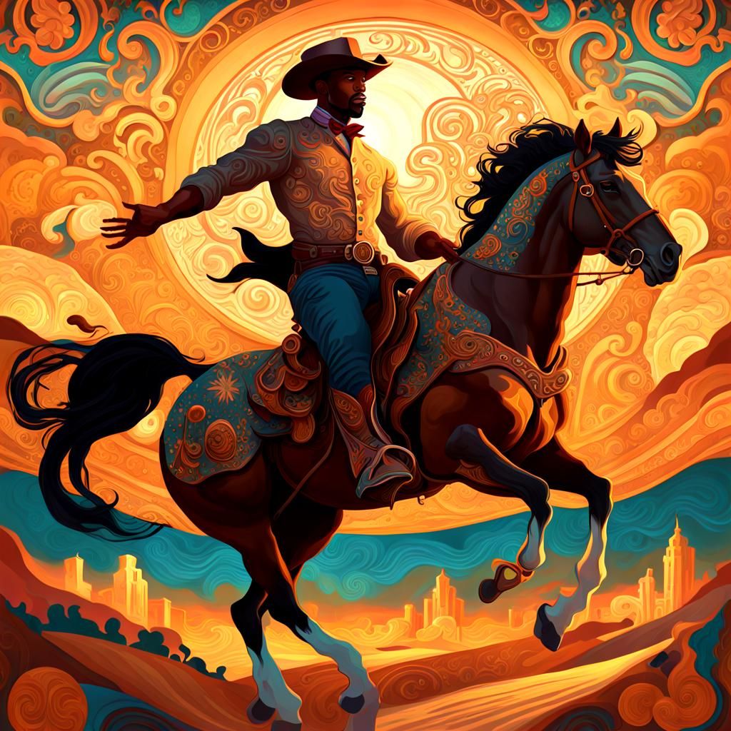 Cowboy Rides into Sunset with Art Nouveau Details