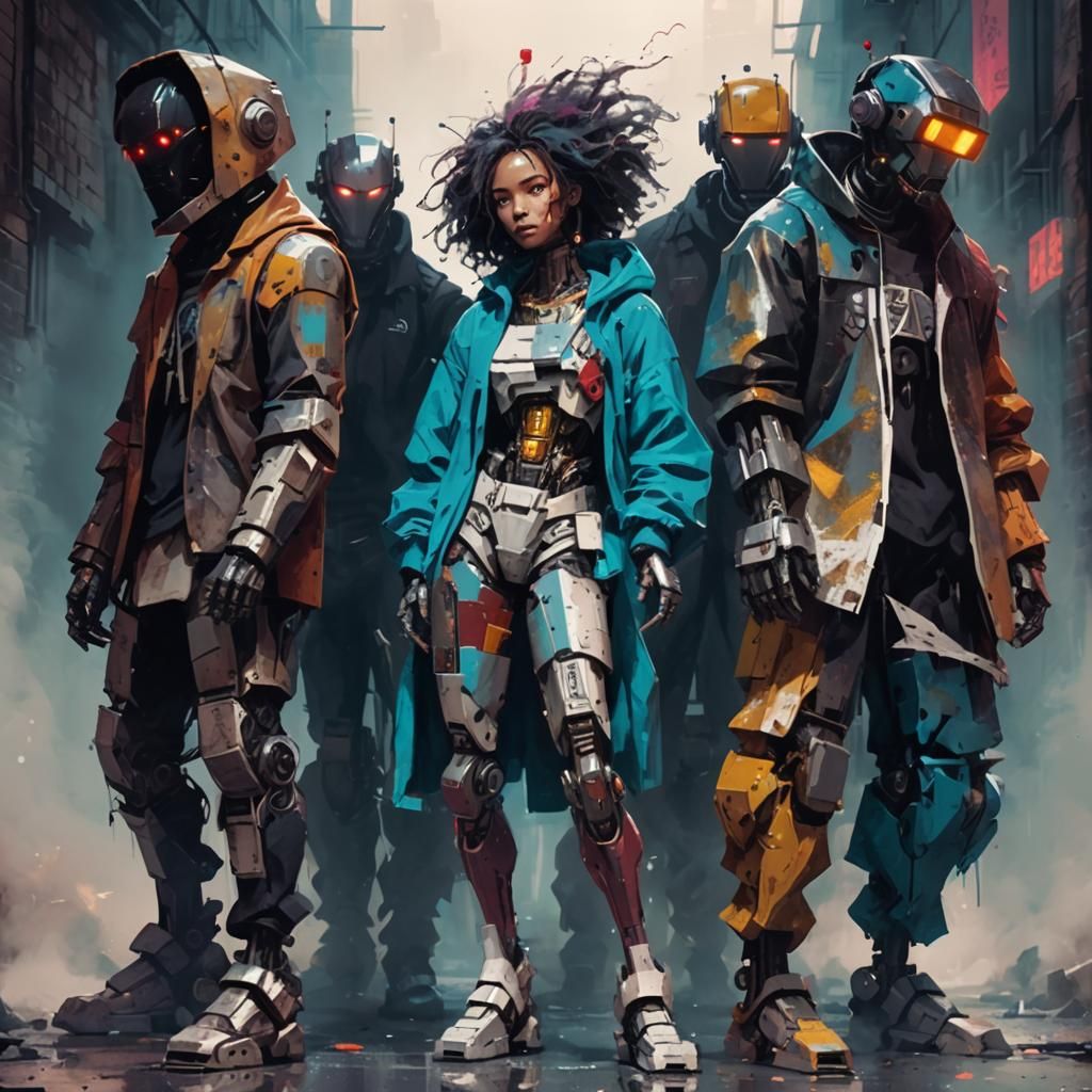 Robots in Alleyway: Monochromatic Expressionist Concept Art