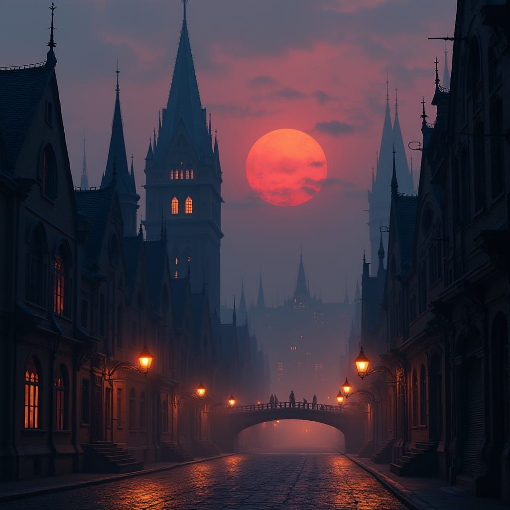 Cyberpunk City at Dusk with Gothic Architecture