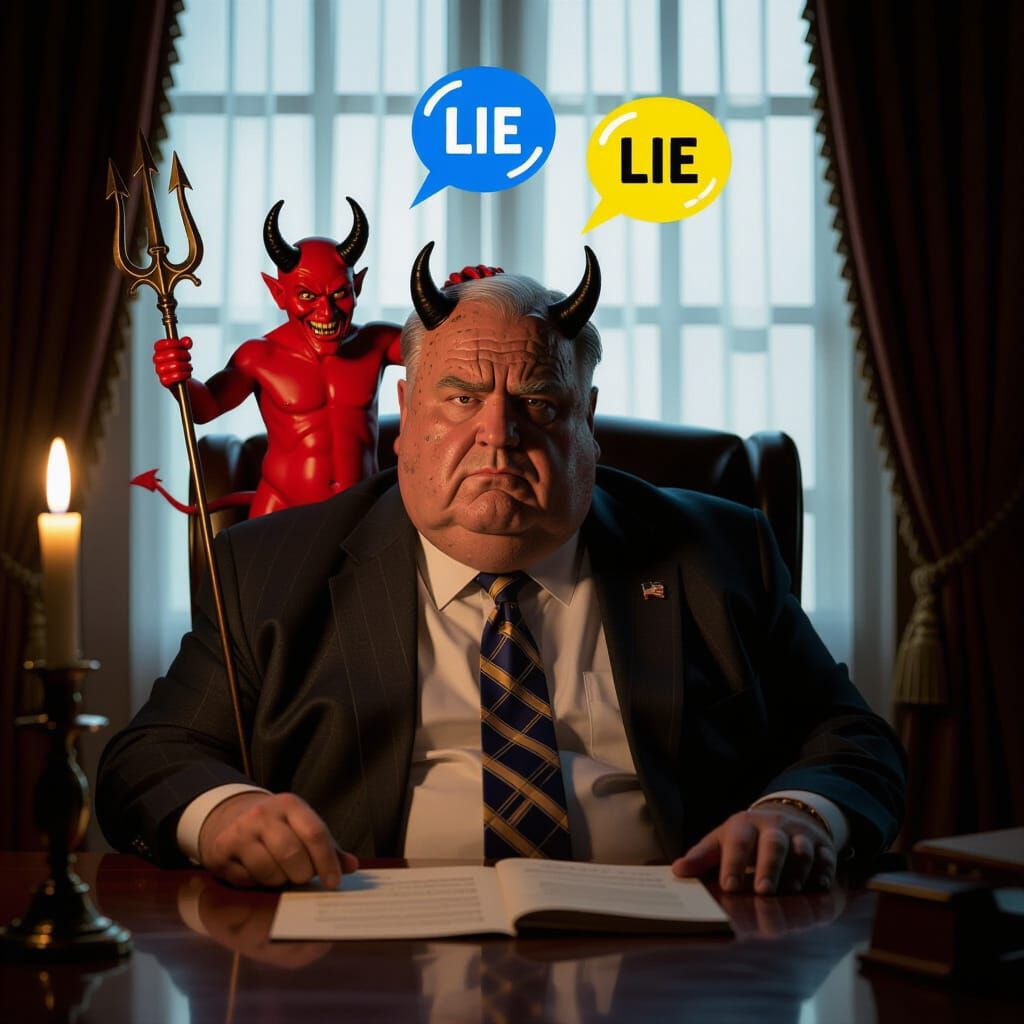 Politician With Devilish Temptation in Candlelit Study