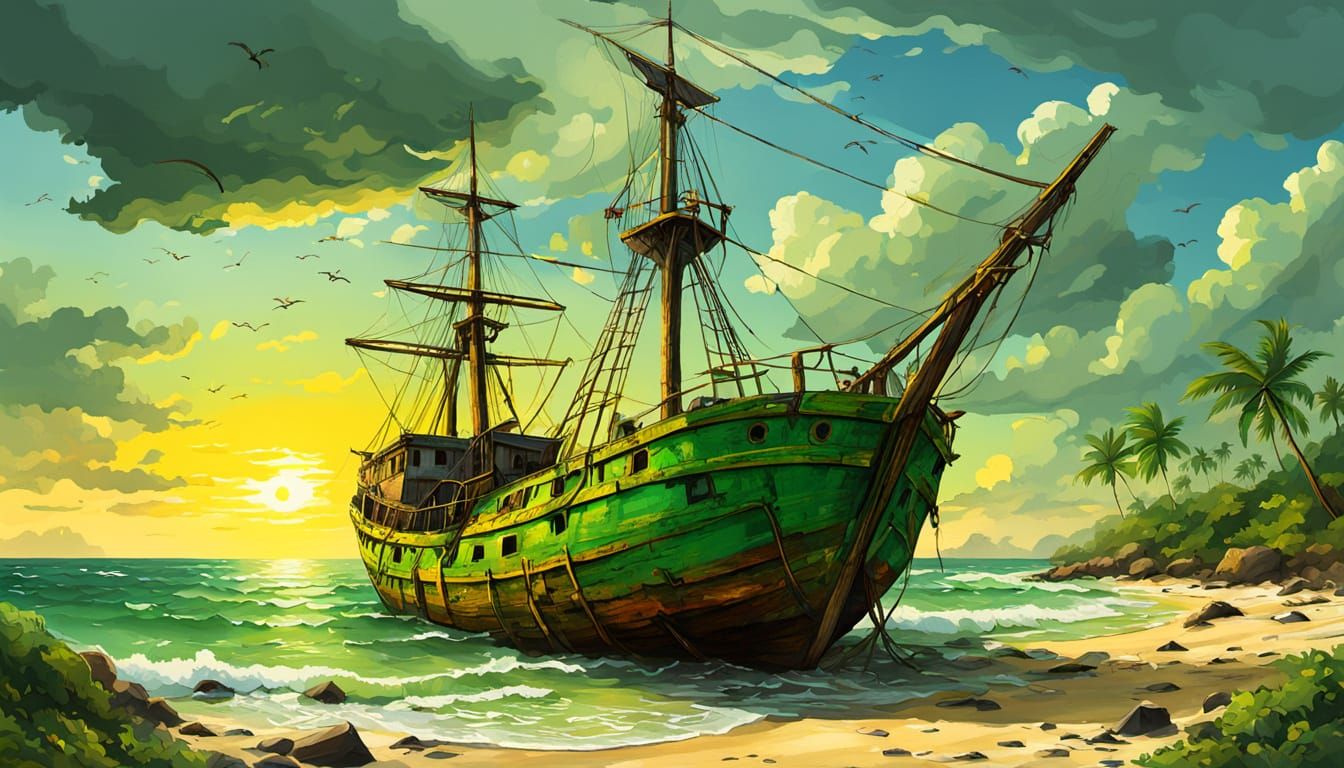 Rustic Shipwreck on Ivory Coast in Green and Yellow