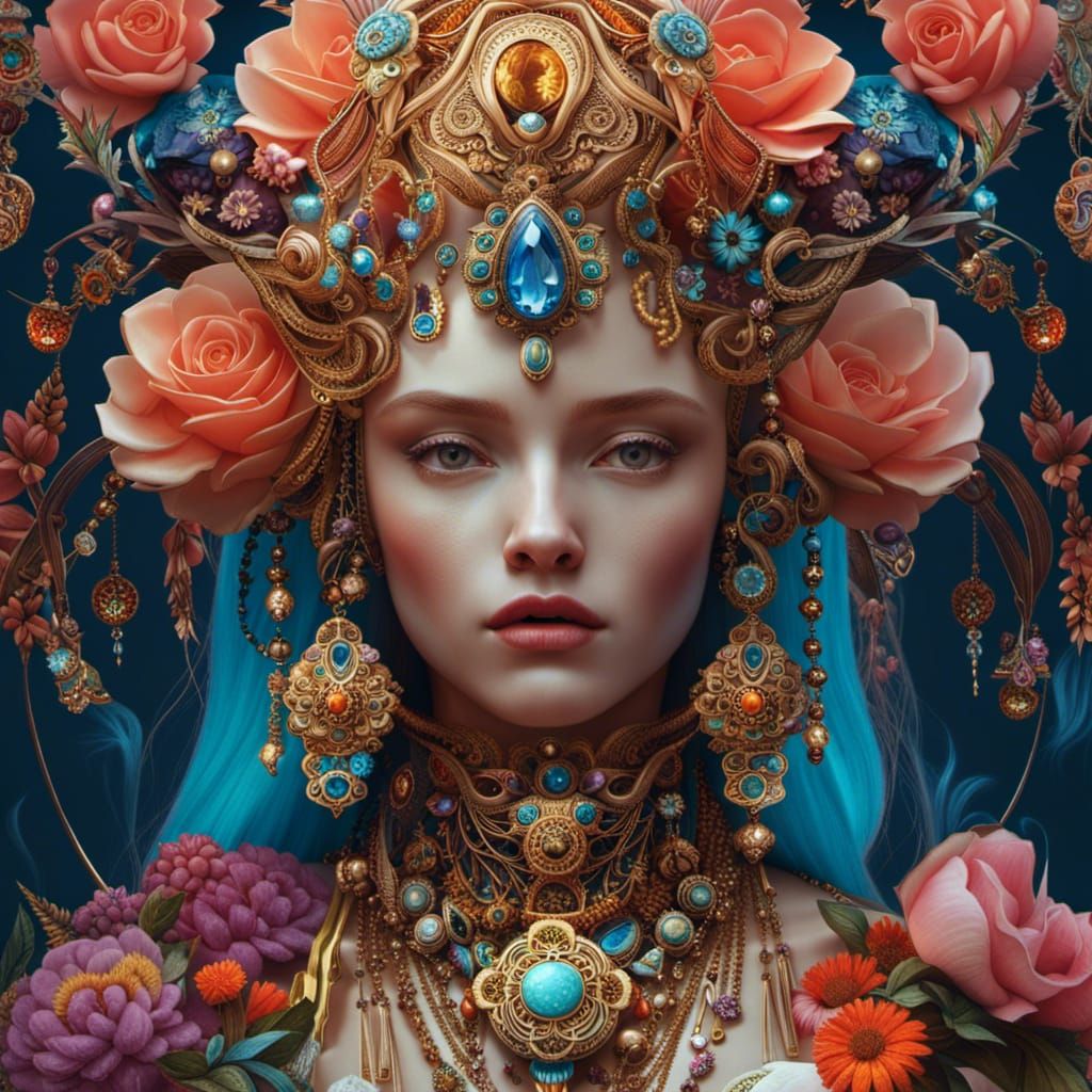 Angelic Girl with Jewelry and Flowers, Digital Art