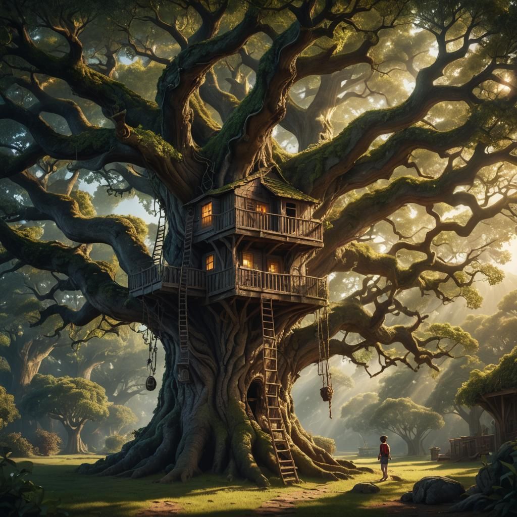 Sunlit Treehouse in Ancient Oak: Digital Matte Painting