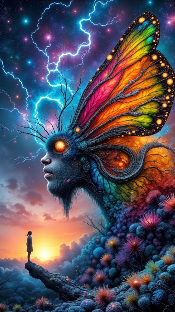 Surreal Man in Moth Costume Under Rainbow Lightning