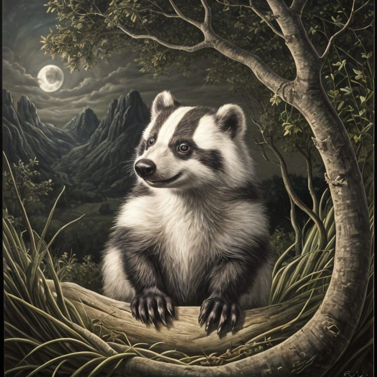 Badger Portrait in Audubon Style with Moonlight