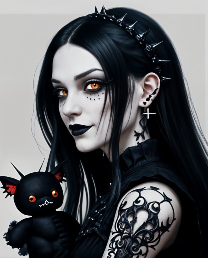 Gothic Teen Girl With Dragon Plush Toy