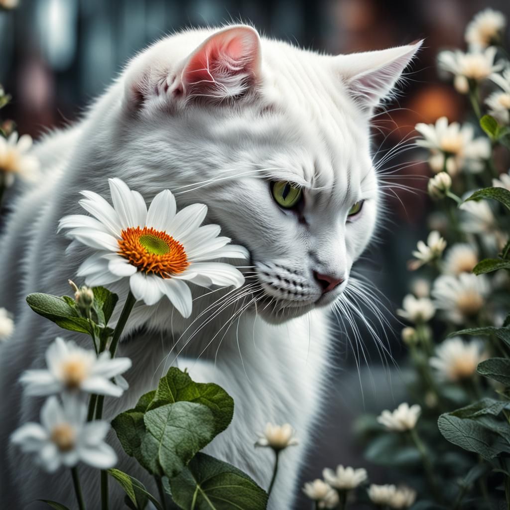 White Cat Sniffing Flower: Hyperrealistic 64 Megapixel Photo