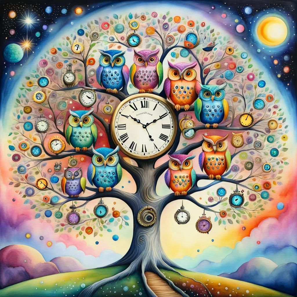 Surreal Clockwork Tree with Whimsical Owls