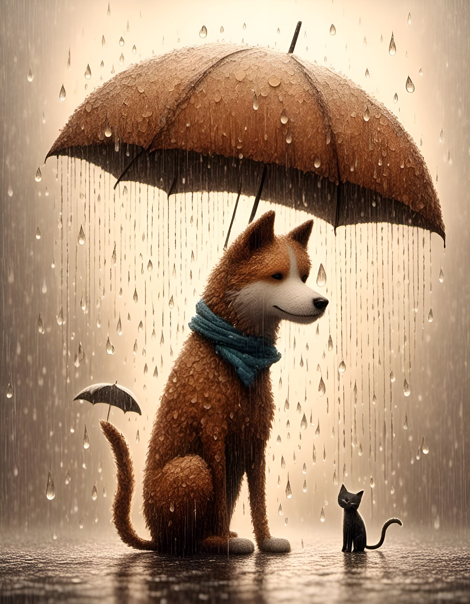 Dog and Cat in Rain, Modern Sketch Art