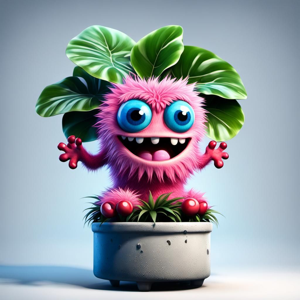 Hyperrealistic Monsteria Plant Topped with Pink Fuzzy Monste...
