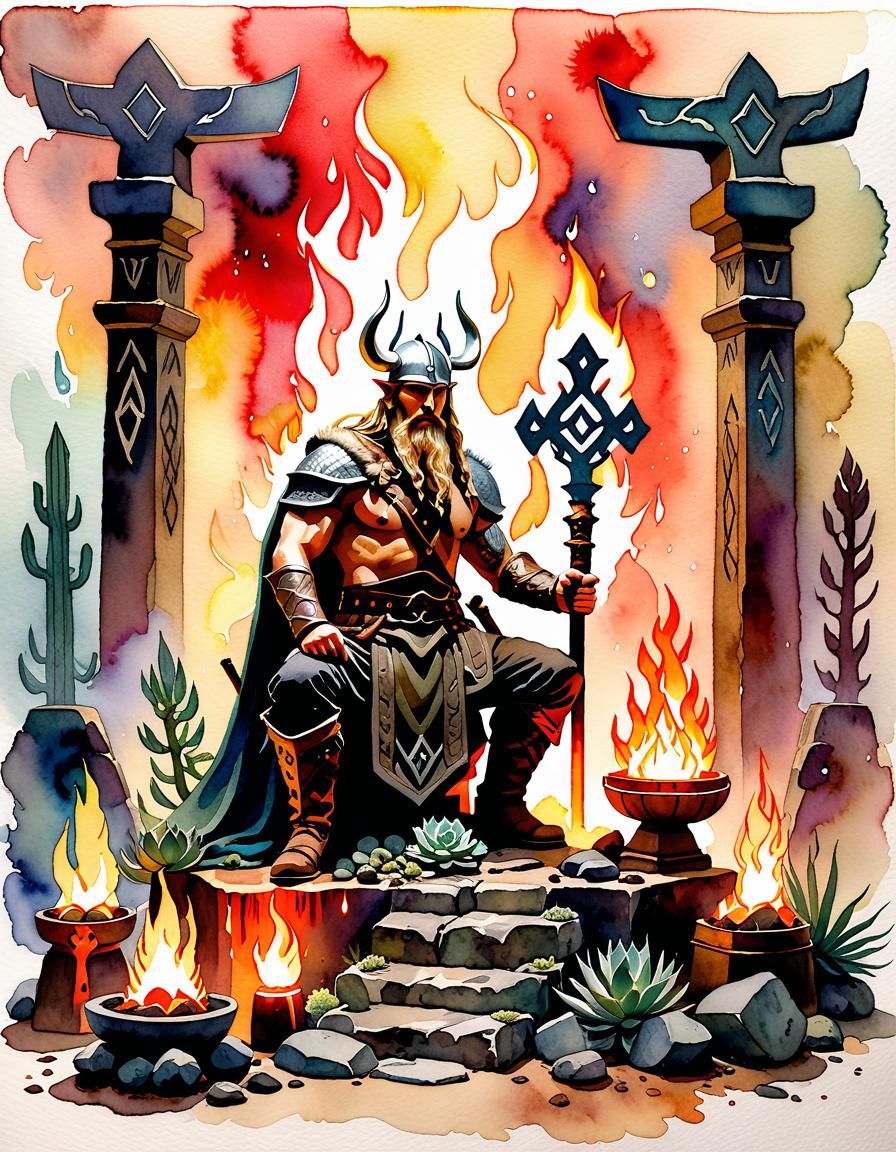 Viking Warrior Surrounded by Fire in Watercolor