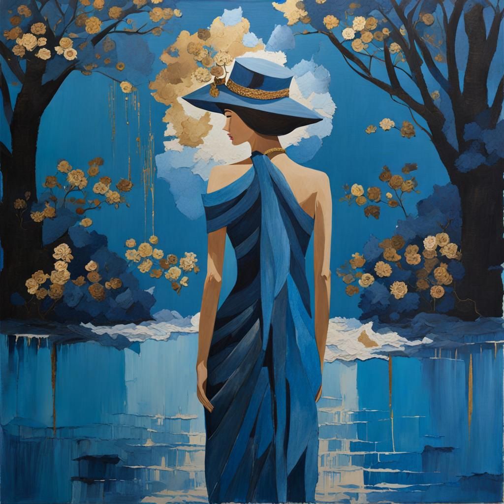 Blue Collage Tree with Gold Accents