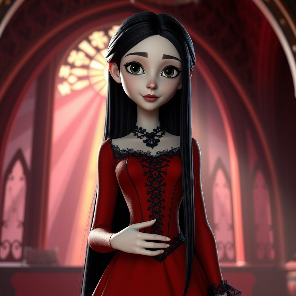 Gothic Disney Princess in Dark Red Lace Dress