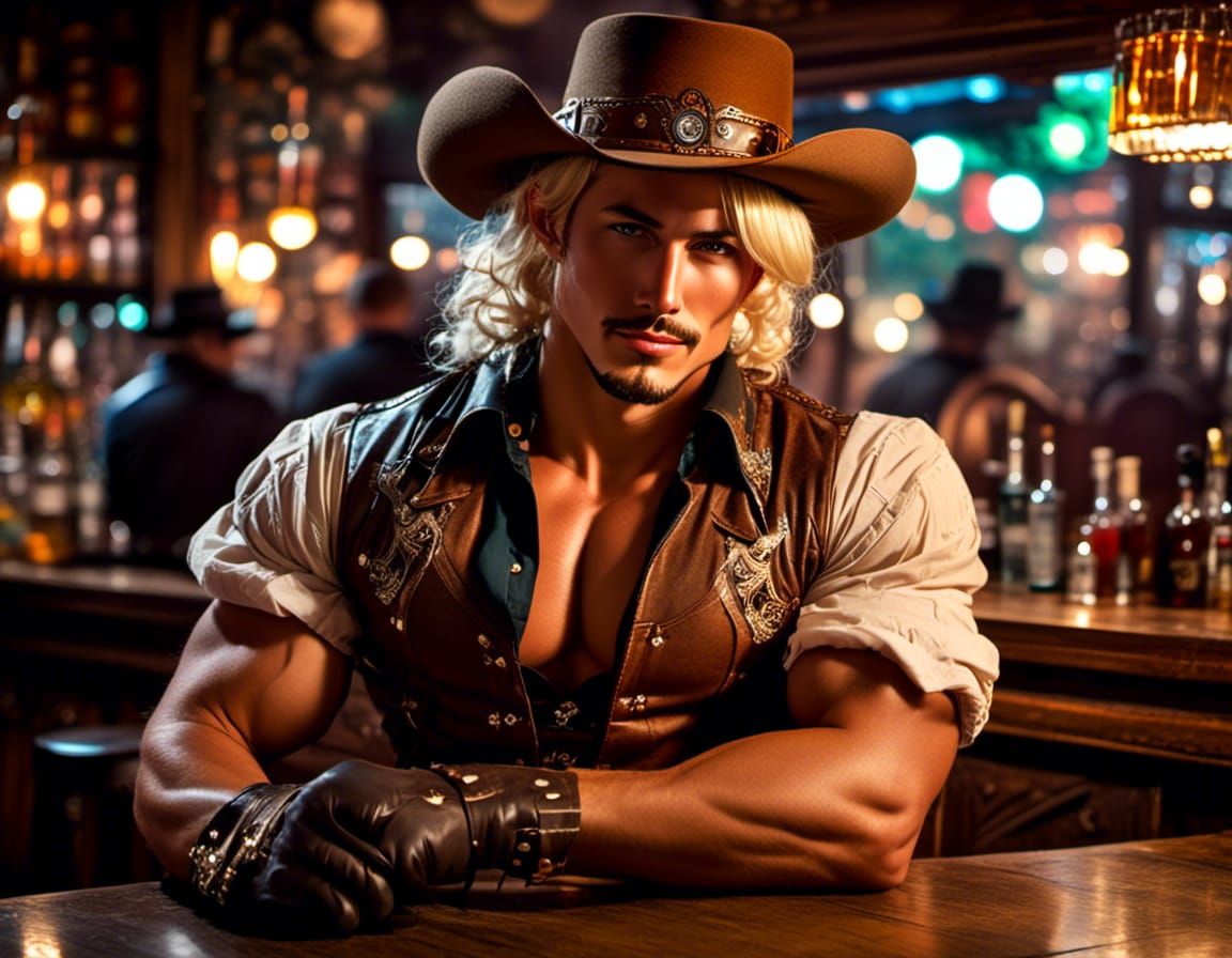 Blonde muscular cowboy at a bar