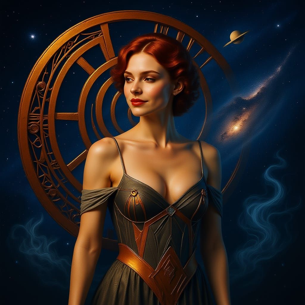 Art Nouveau Woman in Celestial Double Exposure