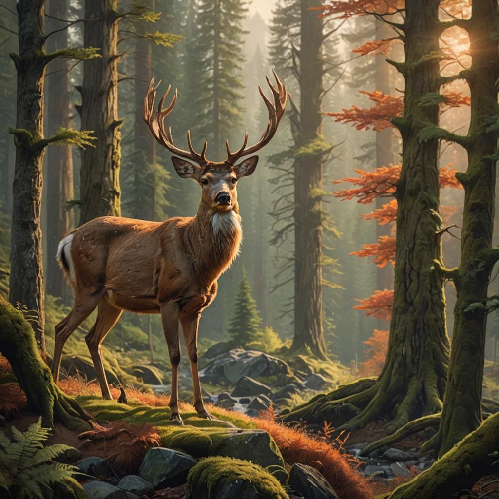 Deer in Autumn Valley Landscape, Golden Hour