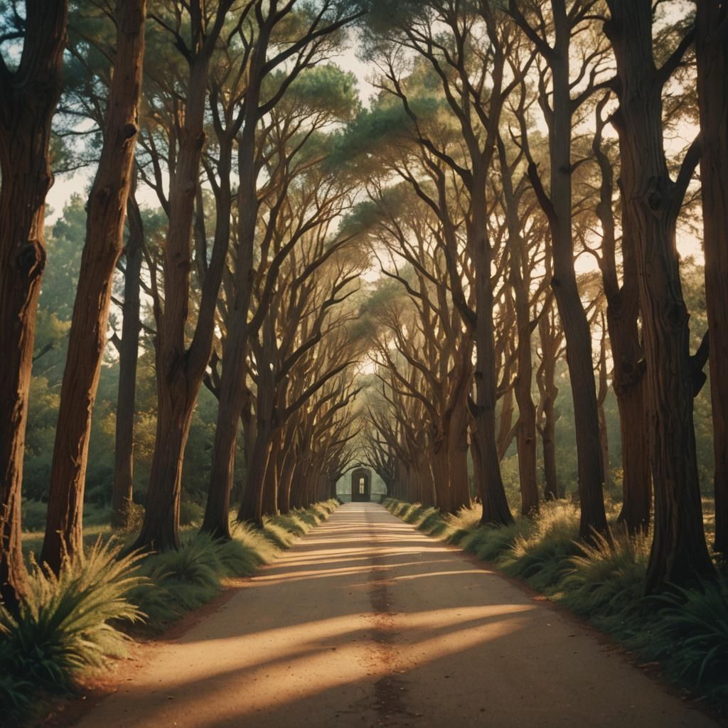 Cypress Alley and Stained Glass Road in Golden Light