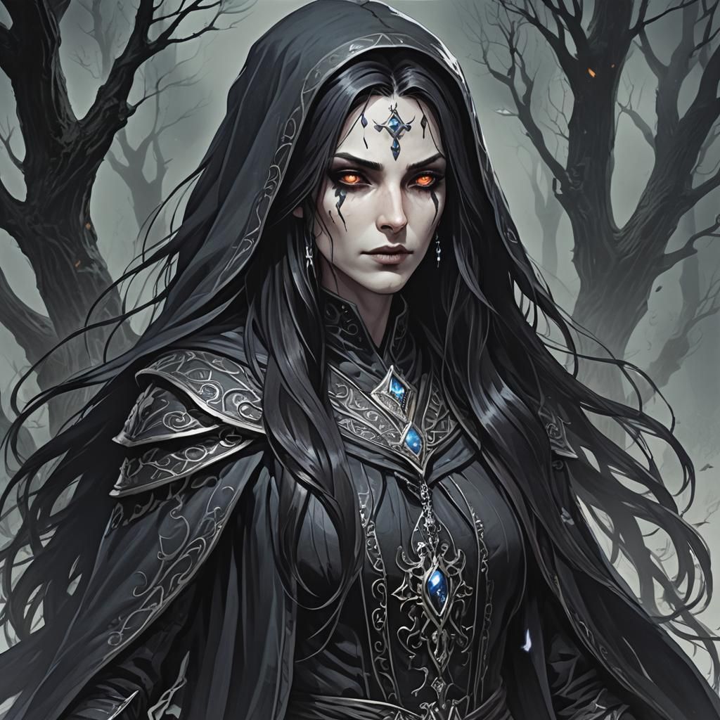 Malevolent Sorceress Wielding Dark Magic in Shadows