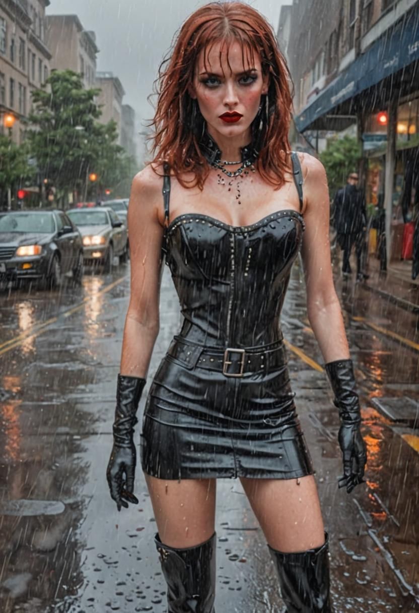 Glamorous Woman in Wet Leather Standing in Rain