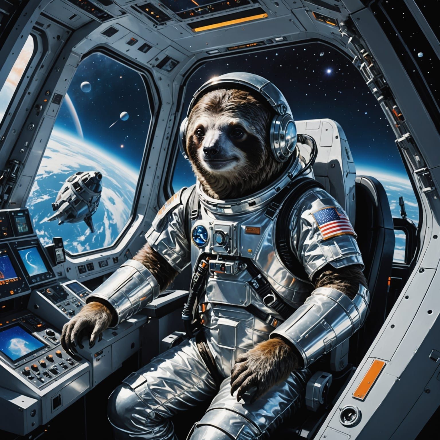 Sloth Astronaut Explores Cosmos in Futuristic Starship