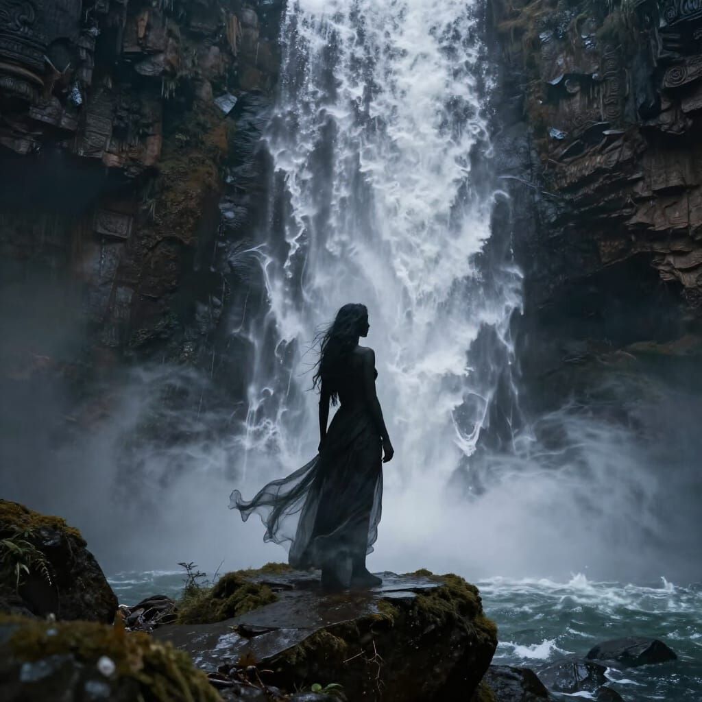 Dual Nature Woman at Waterfall Precipice