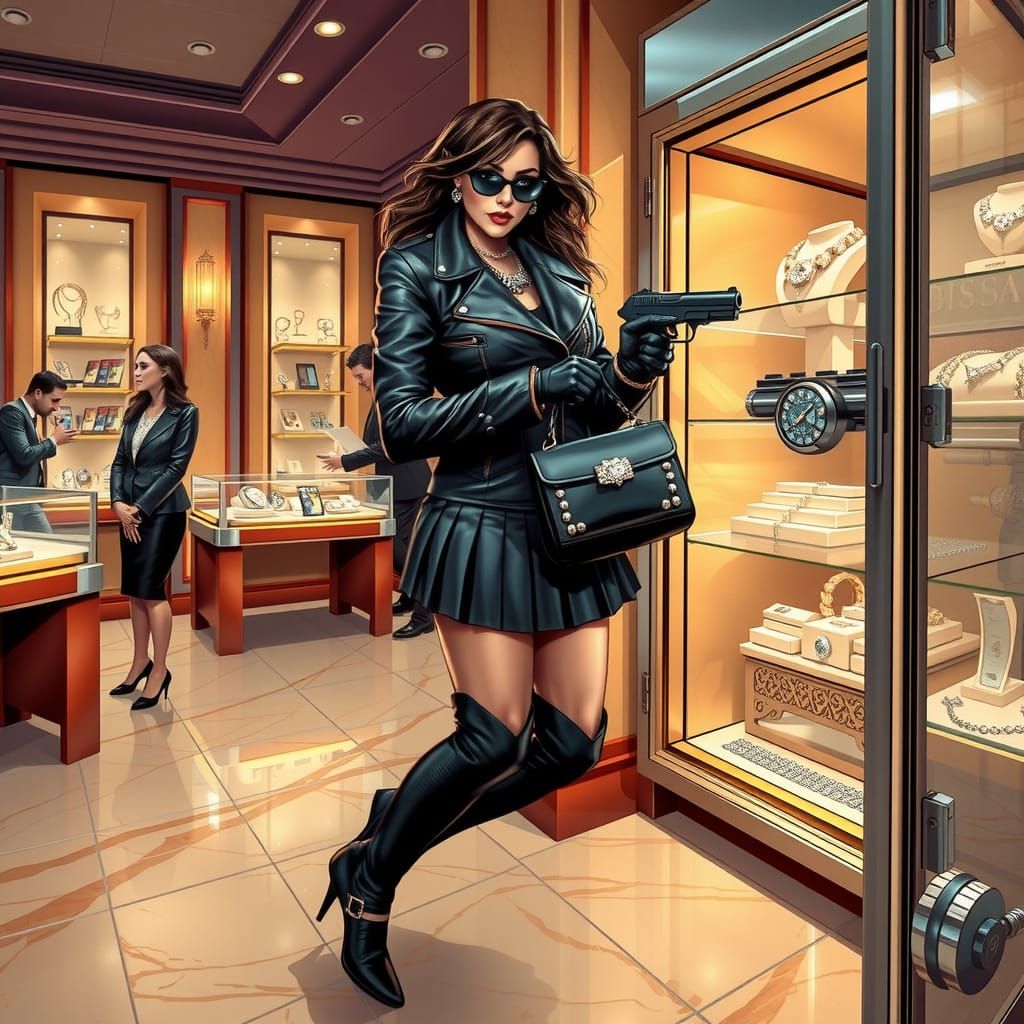 Dramatic Jewelry Heist in Graphic Novel Style
