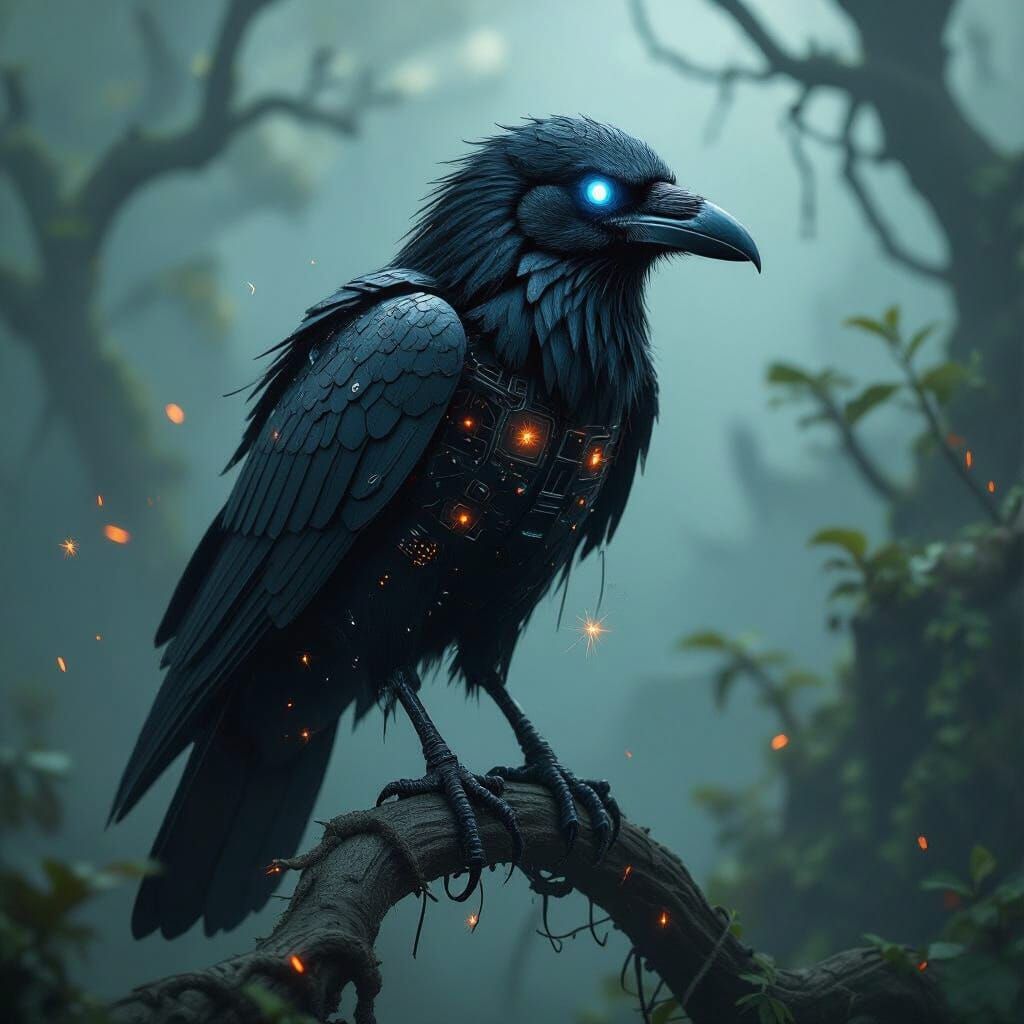 Biomechanical Raven Perched in Misty Alien Forest