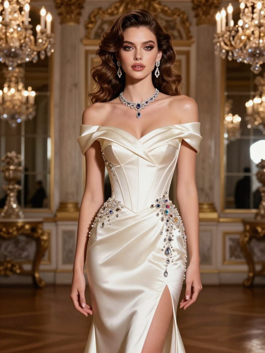 Luxurious Pearl Champagne Gown on Model in Palace